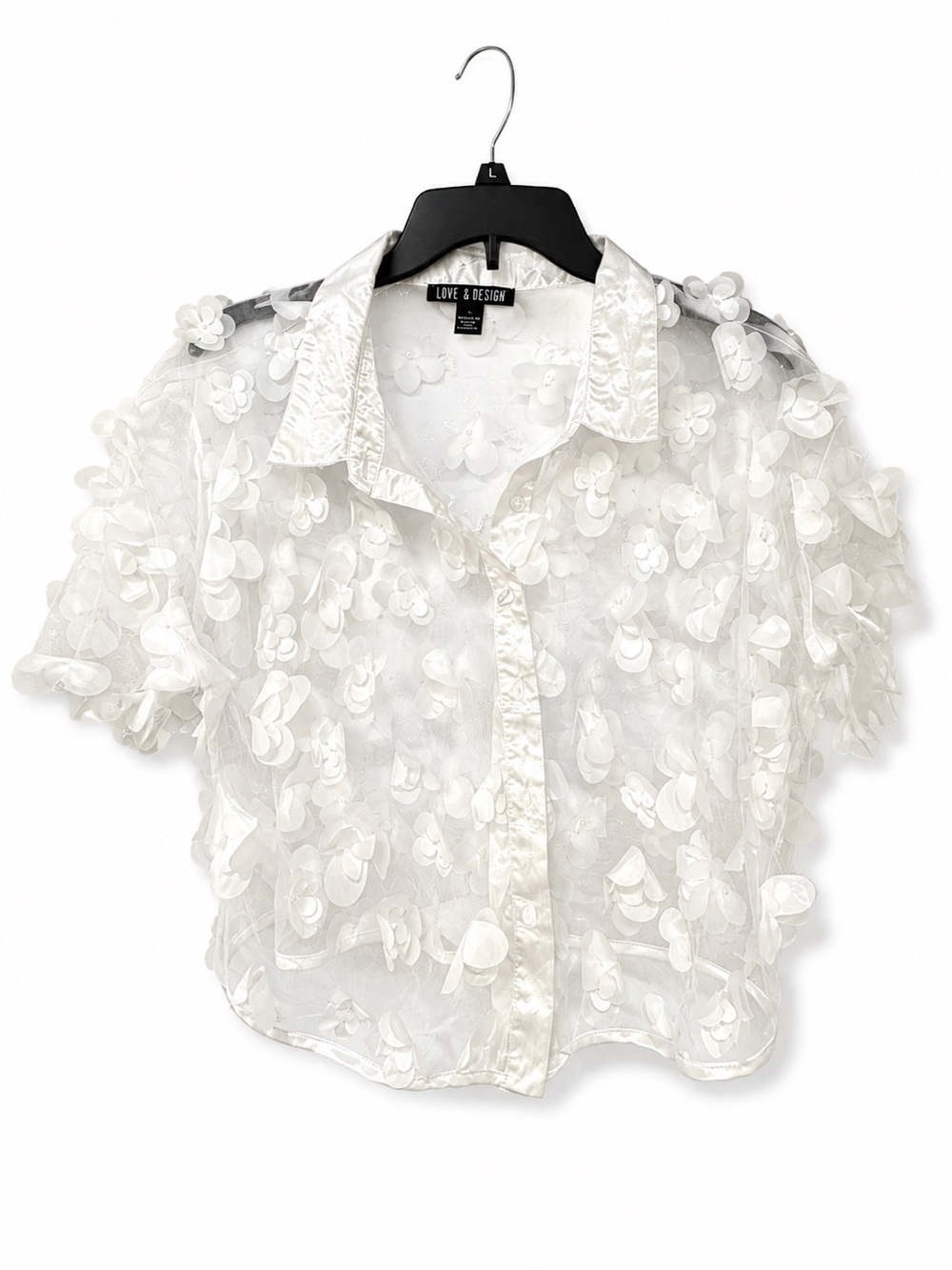 Love By Design White Sheer 3D Floral Button Front Blouse